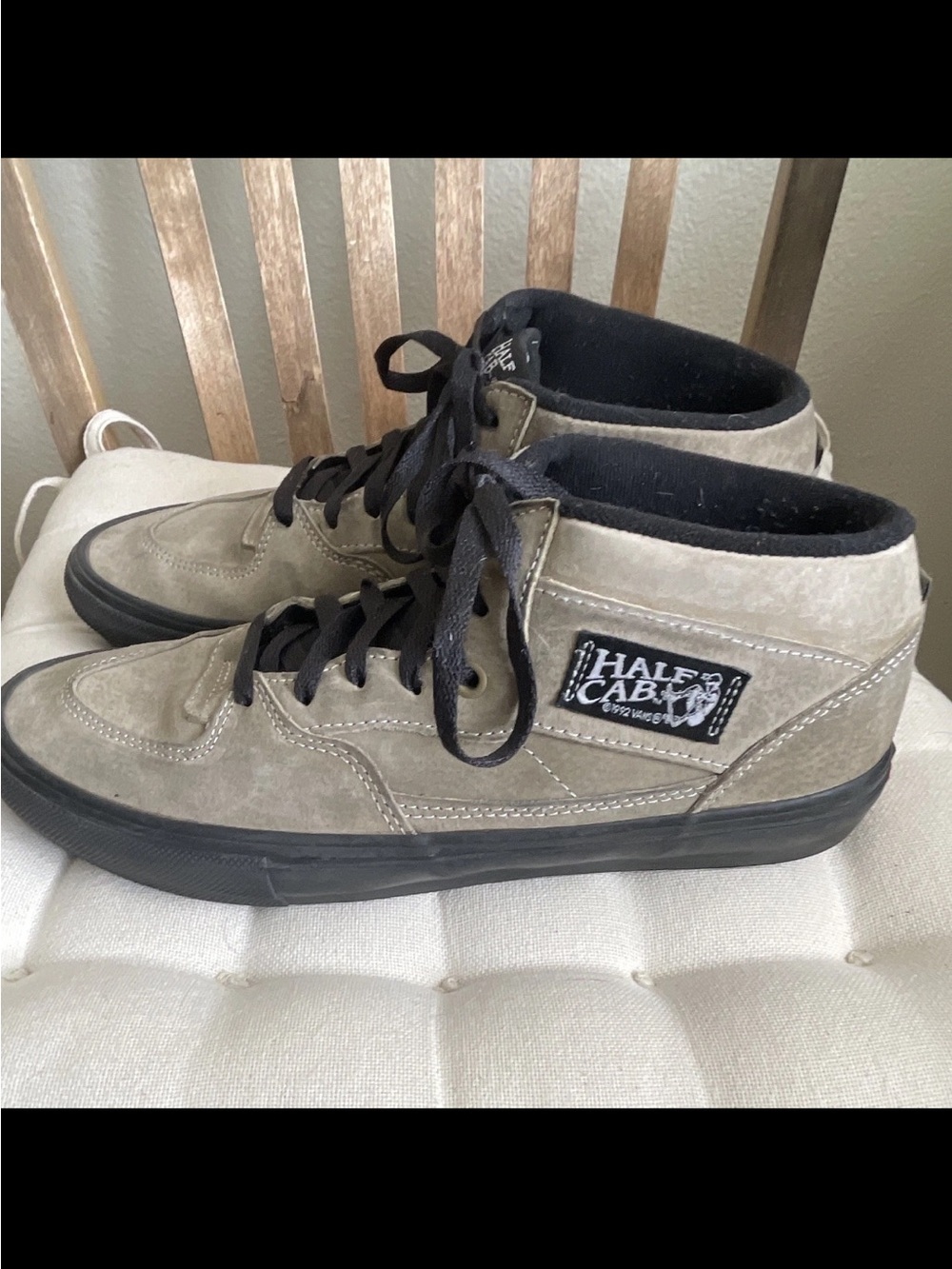 Vans Half Cab Mid-Top Suede Sneakers in Taupe with Black Sole